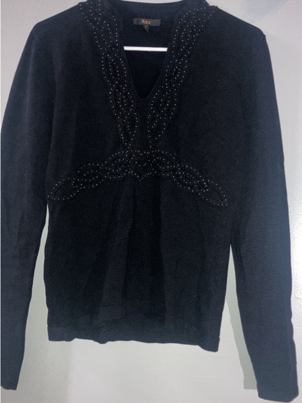 Reba Black Long Sleeve V-Neck Sweater with Beaded Detail